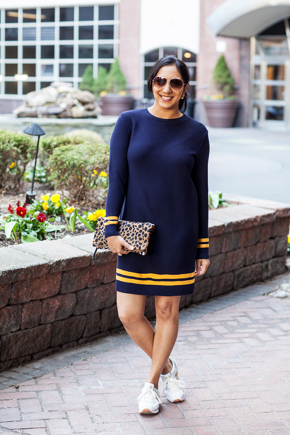navy and gold outfit